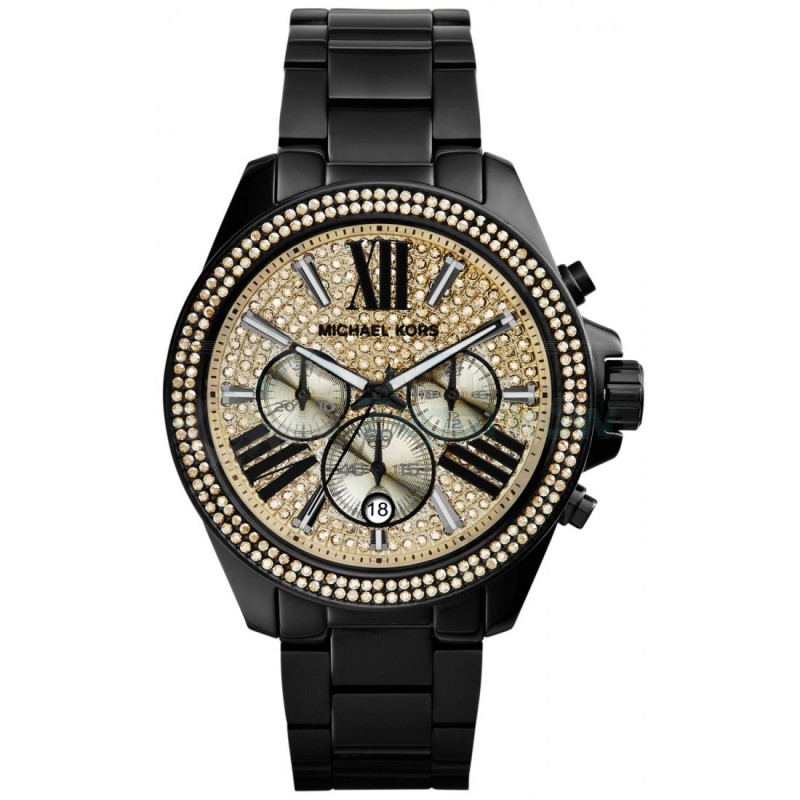Wren Chronograph Crystal Pave Dial Black Ion-plated Ladies Watch MK5961